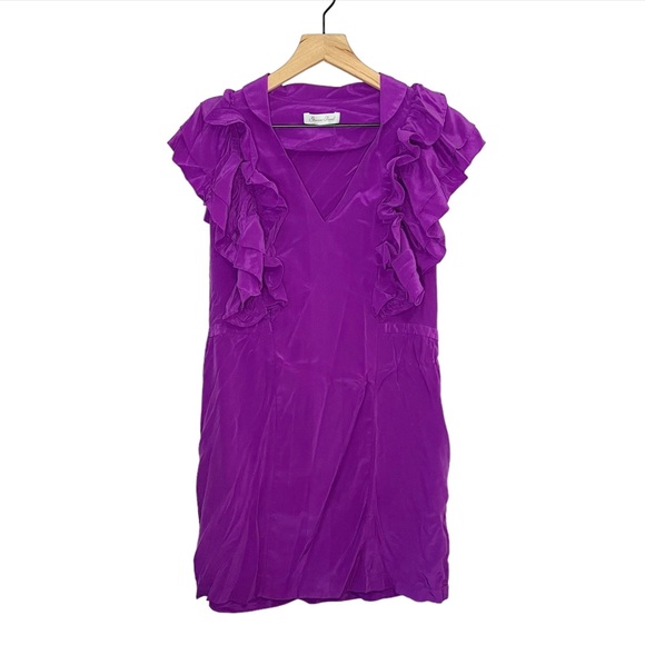 Geren Ford Dresses & Skirts - Geren Ford 100% Silk Short Sleeve V Neck Ruffle Dress in Purple L